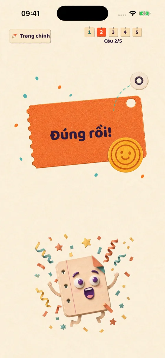 Màn hình phản hồi Đúng rồi! với hình minh hoạ giấy đang ăn mừng.