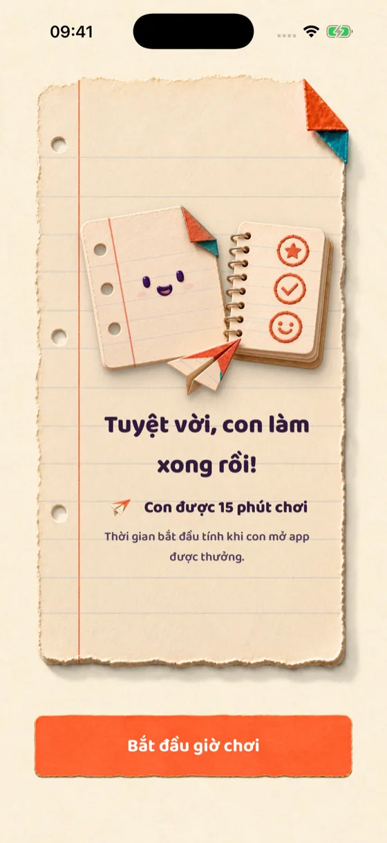 Màn hình hoàn thành: con được 15 phút chơi và nút Bắt đầu giờ chơi.